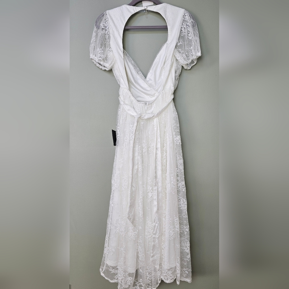 Lulus Romantic Prose White Lace Puff Sleeve Backless Midi Skater Dress, Small - Picture 13 of 14